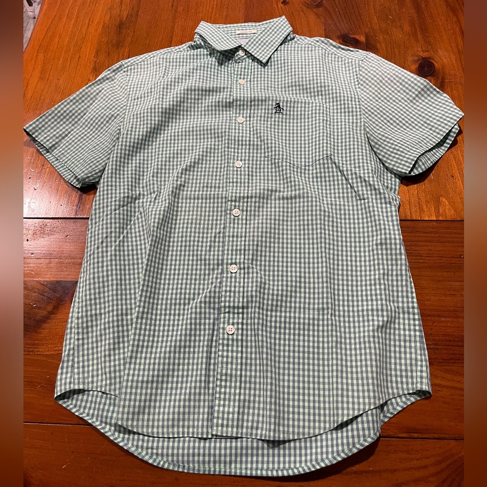 Original Penguin Green‎ Blue Checkered Plaid Casual Button Up Short Sleeve Shirt